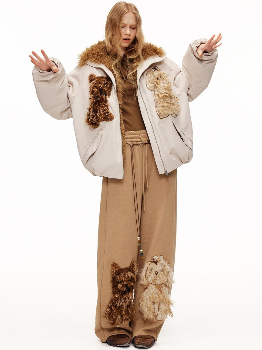 Outthe Blue High Waist Asymmetric Embroidered Applique Loose Straight Camel Sweatpants