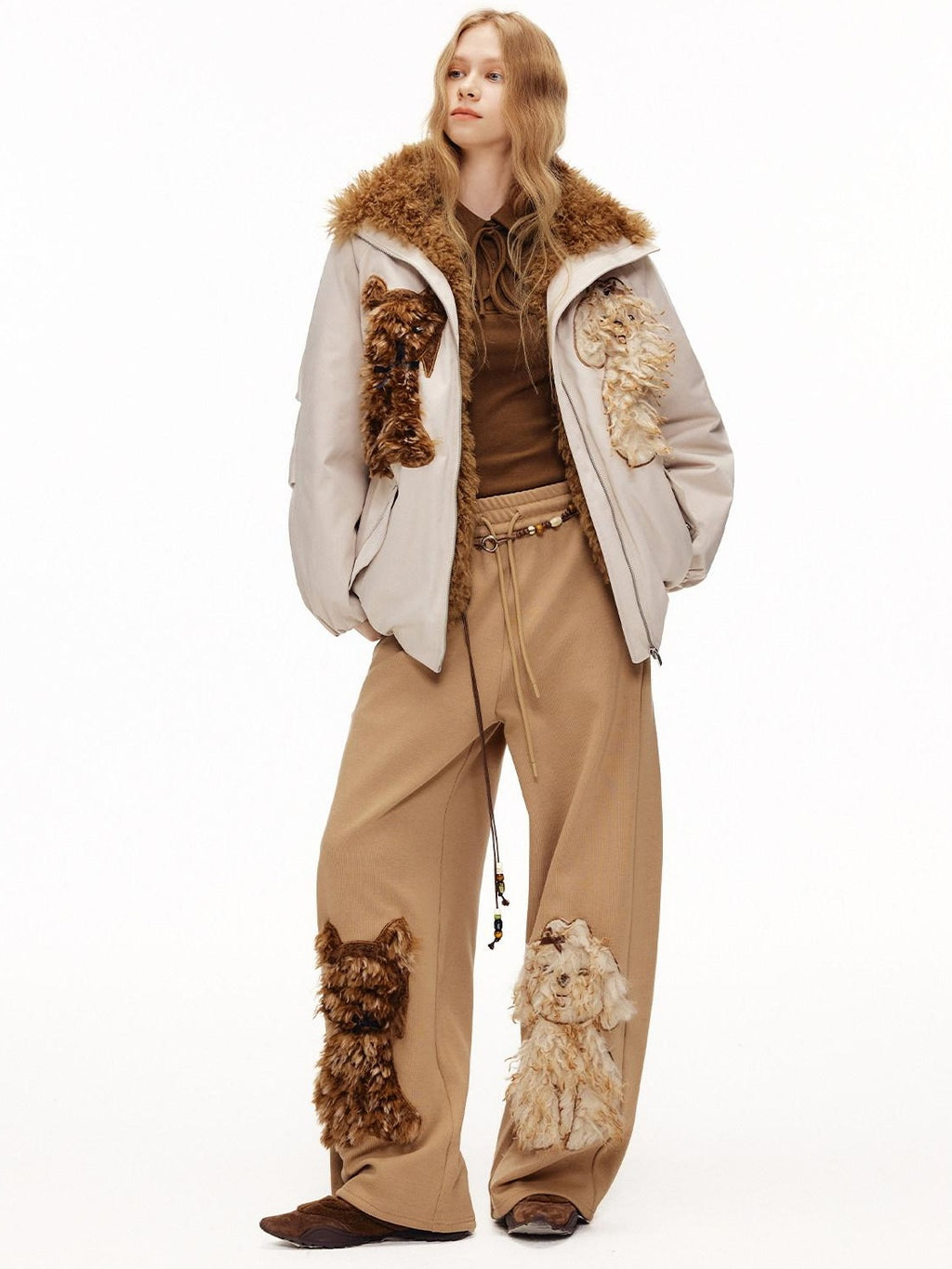 Outthe Blue High Waist Asymmetric Embroidered Applique Loose Straight Camel Sweatpants