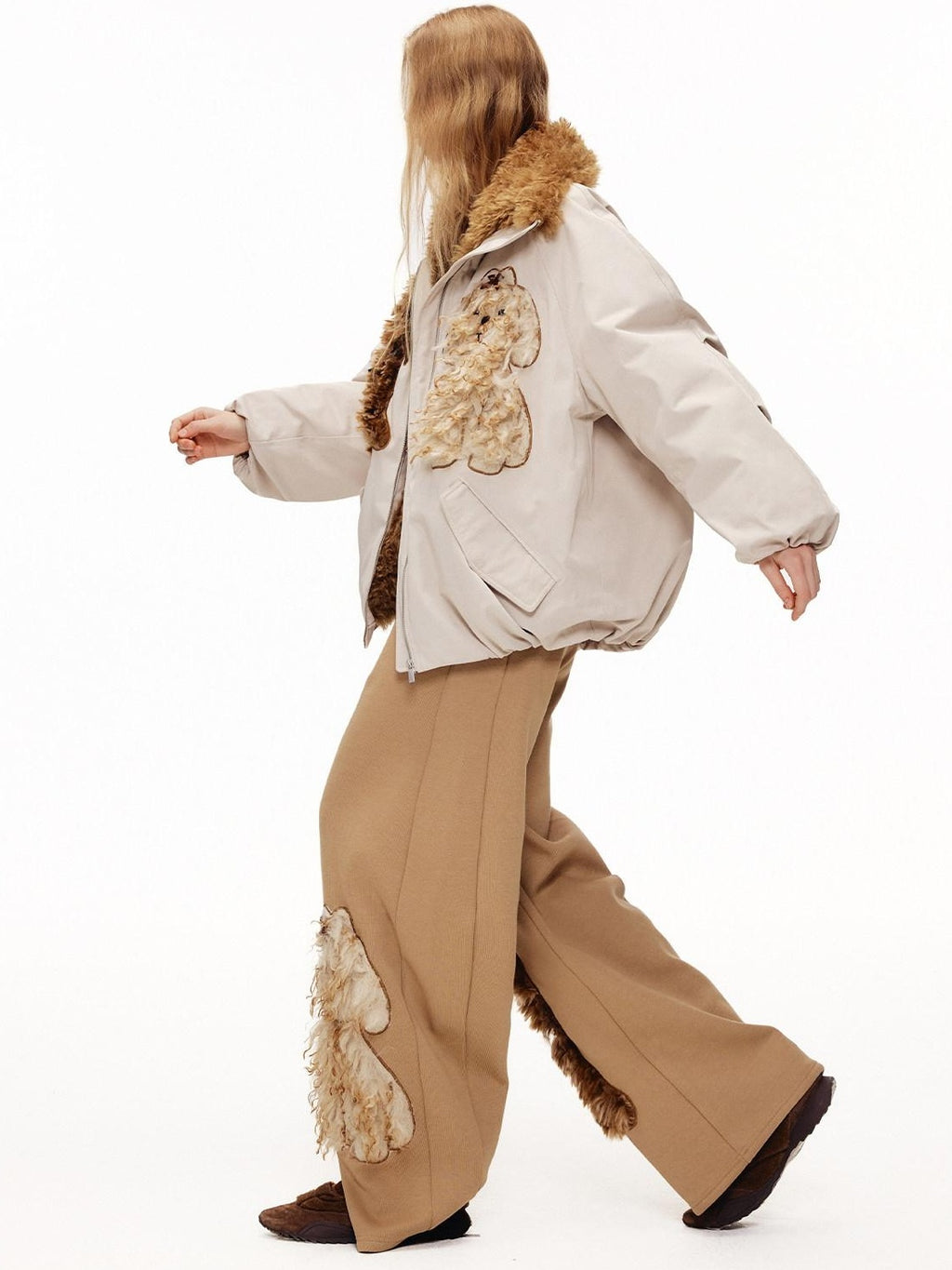 Outthe Blue High Waist Asymmetric Embroidered Applique Loose Straight Camel Sweatpants