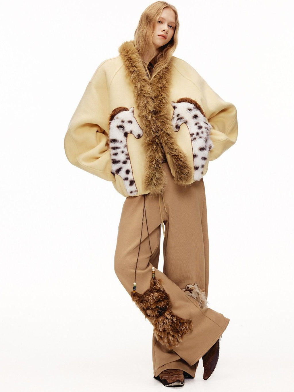 Outthe Blue High Waist Asymmetric Embroidered Applique Loose Straight Camel Sweatpants