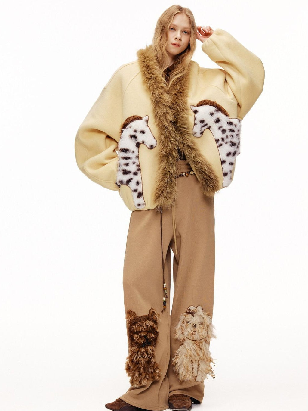 Outthe Blue High Waist Asymmetric Embroidered Applique Loose Straight Camel Sweatpants