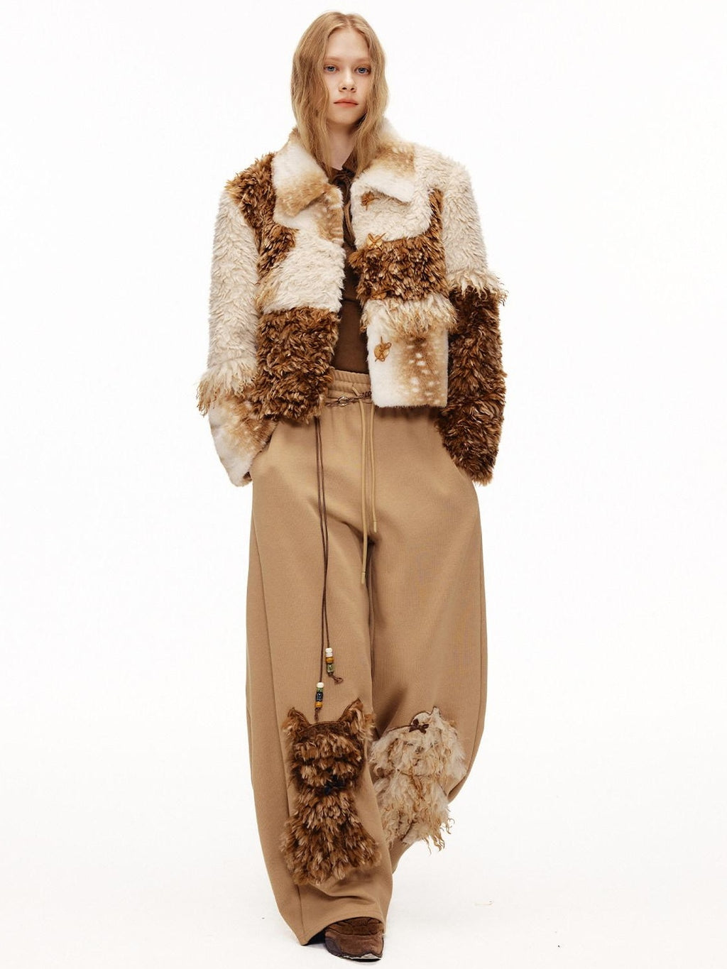 Outthe Blue High Waist Asymmetric Embroidered Applique Loose Straight Camel Sweatpants