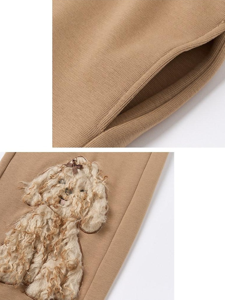 Outthe Blue High Waist Asymmetric Embroidered Applique Loose Straight Camel Sweatpants
