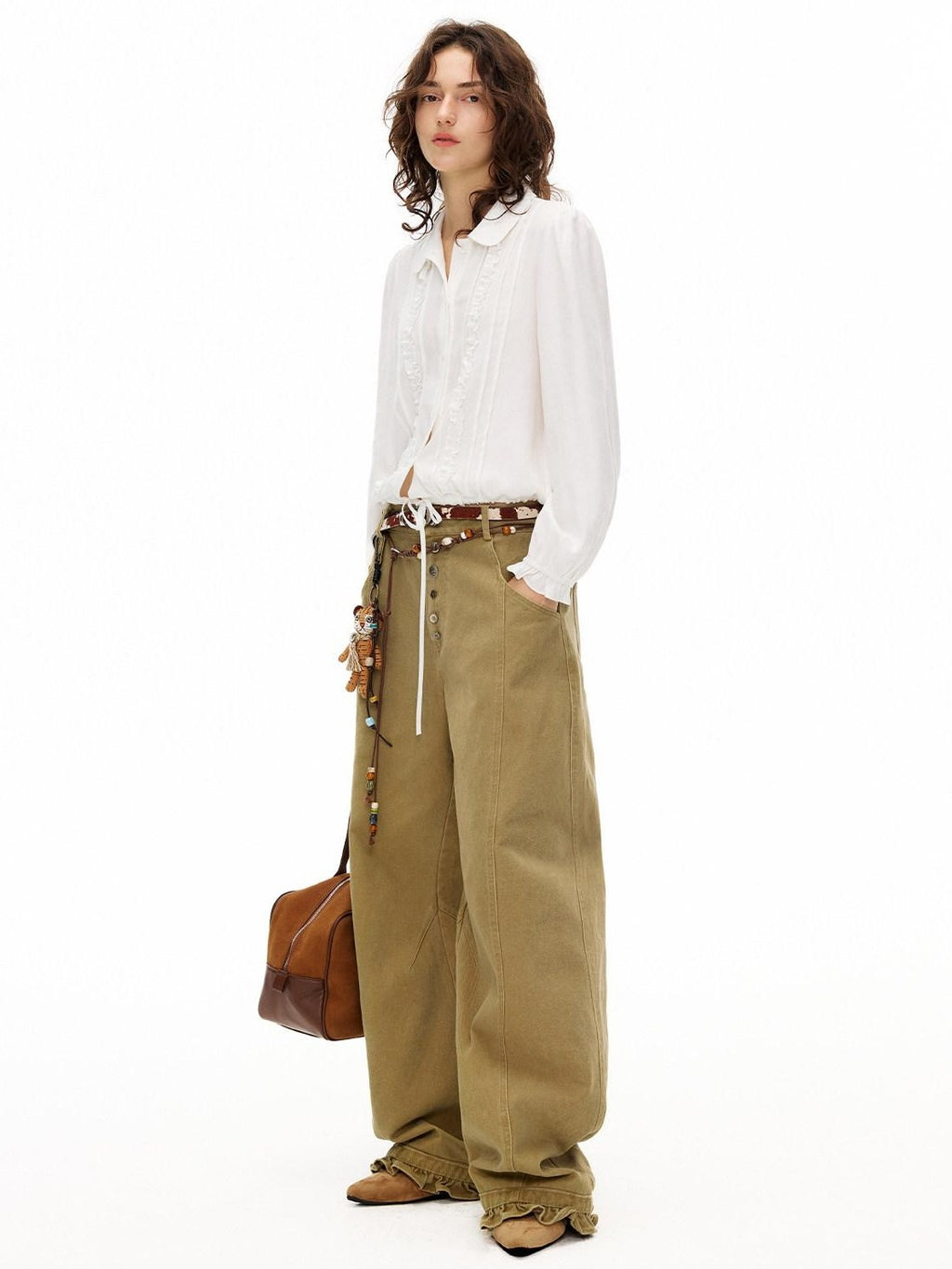 Outthe Blue High Waist Cotton Cargo Washed Button Fly Casual Women Wide Leg Pants