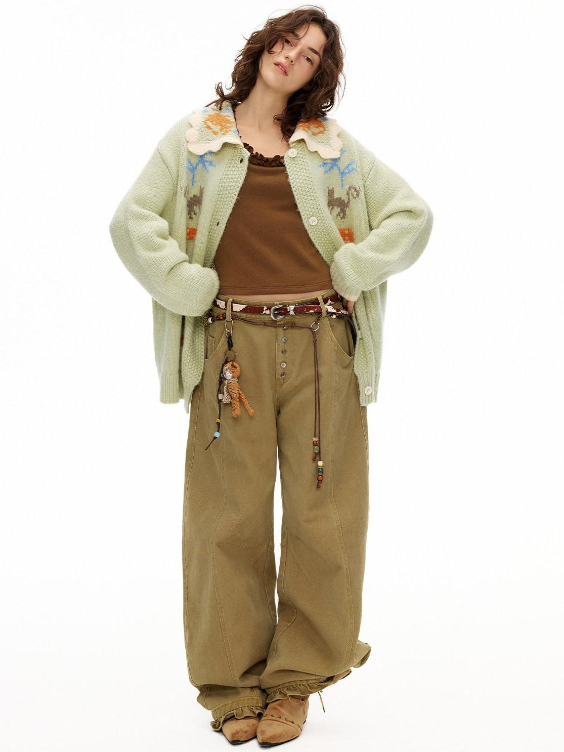 Outthe Blue High Waist Cotton Cargo Washed Button Fly Casual Women Wide Leg Pants