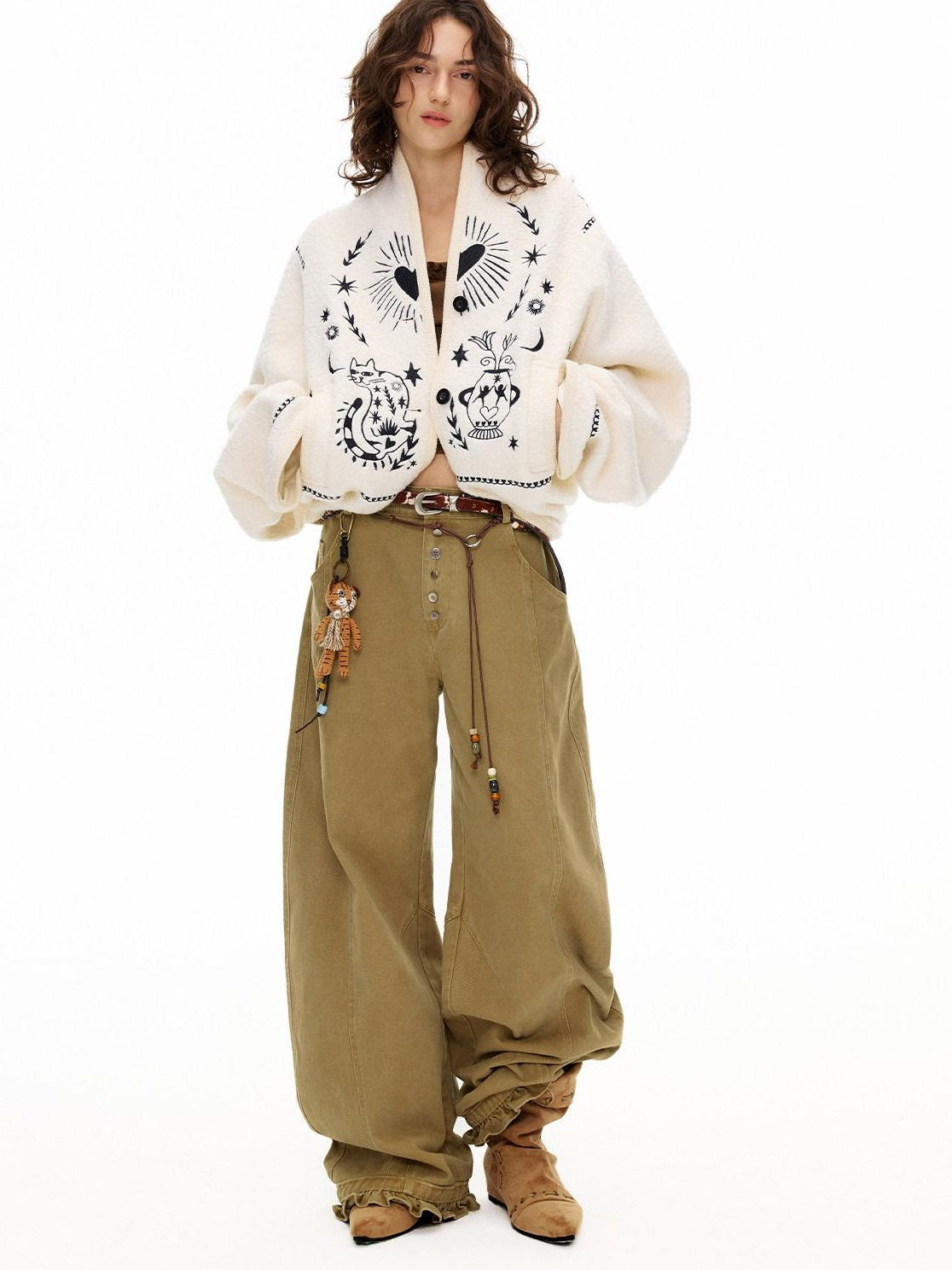 Outthe Blue High Waist Cotton Cargo Washed Button Fly Casual Women Wide Leg Pants
