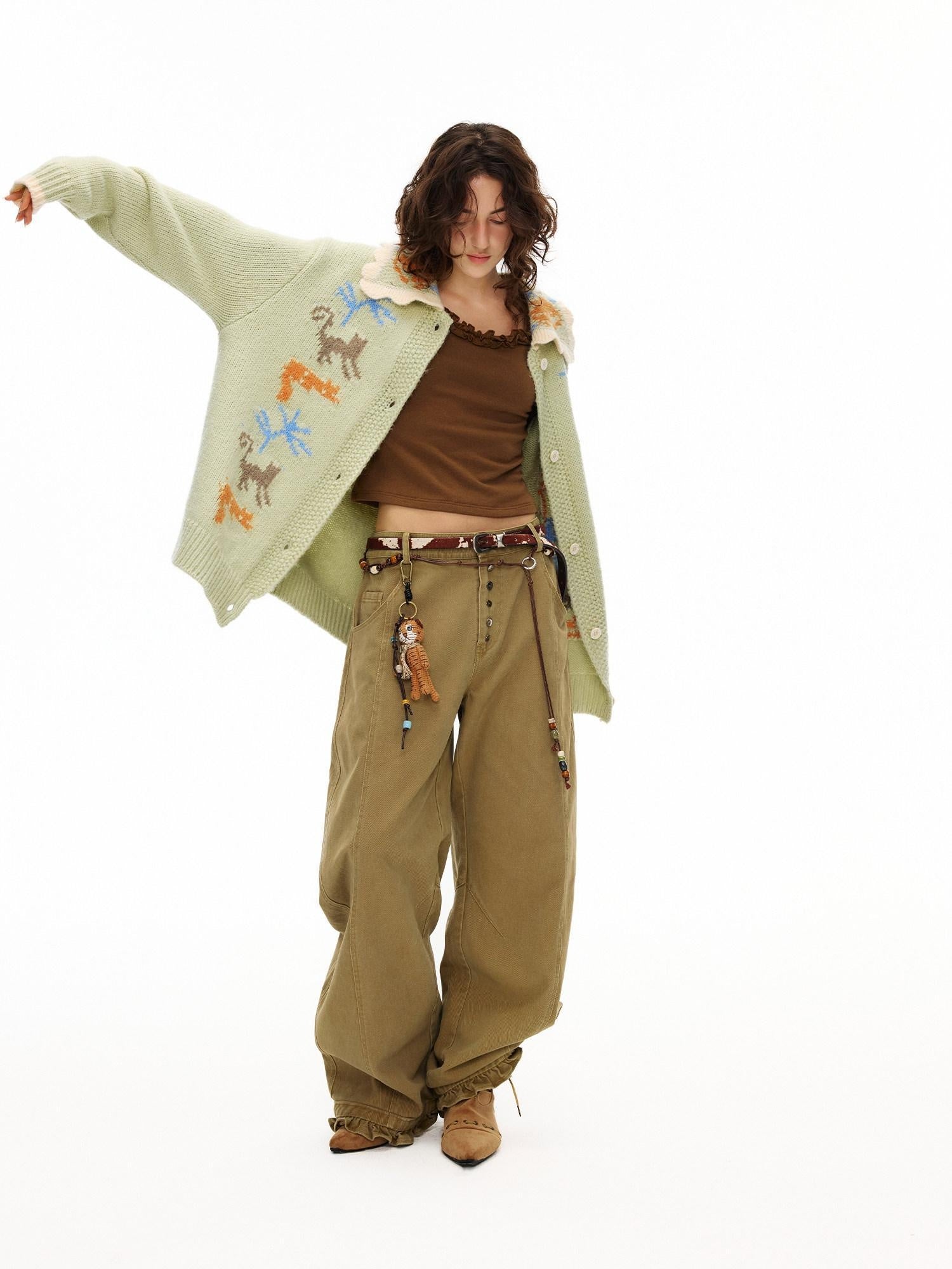 Outthe Blue High Waist Cotton Cargo Washed Button Fly Casual Women Wide Leg Pants