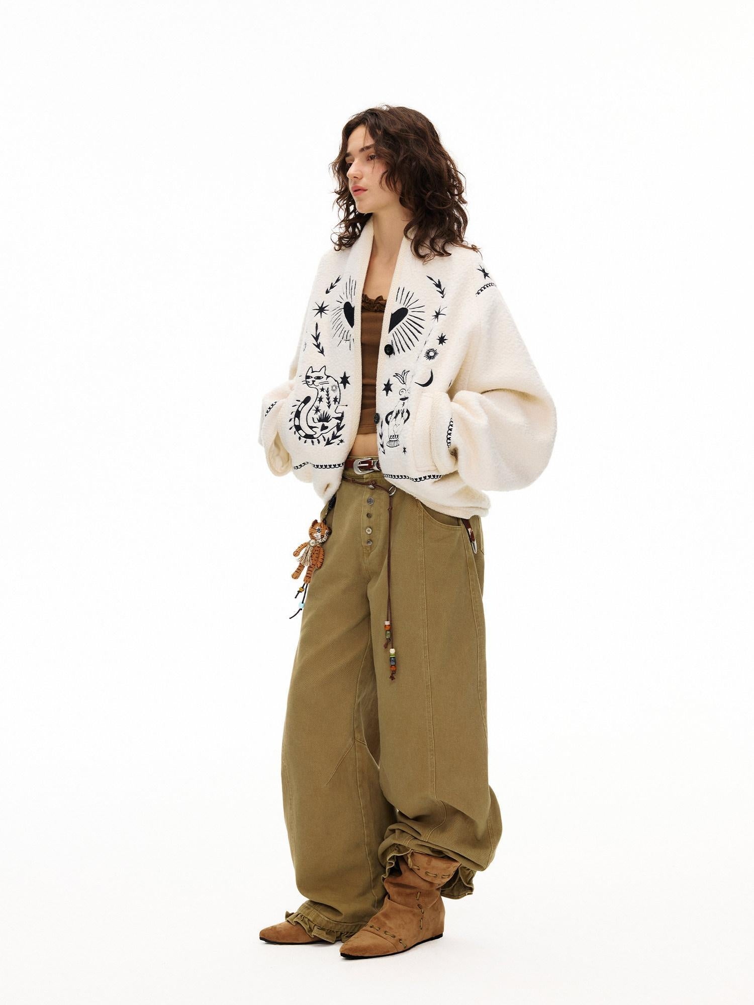 Outthe Blue High Waist Cotton Cargo Washed Button Fly Casual Women Wide Leg Pants