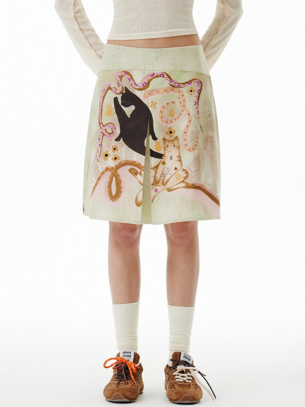 Outthe Blue High Waist Layered Pleat Utility A Line Casual Printed Yellow Green Mini Skirts