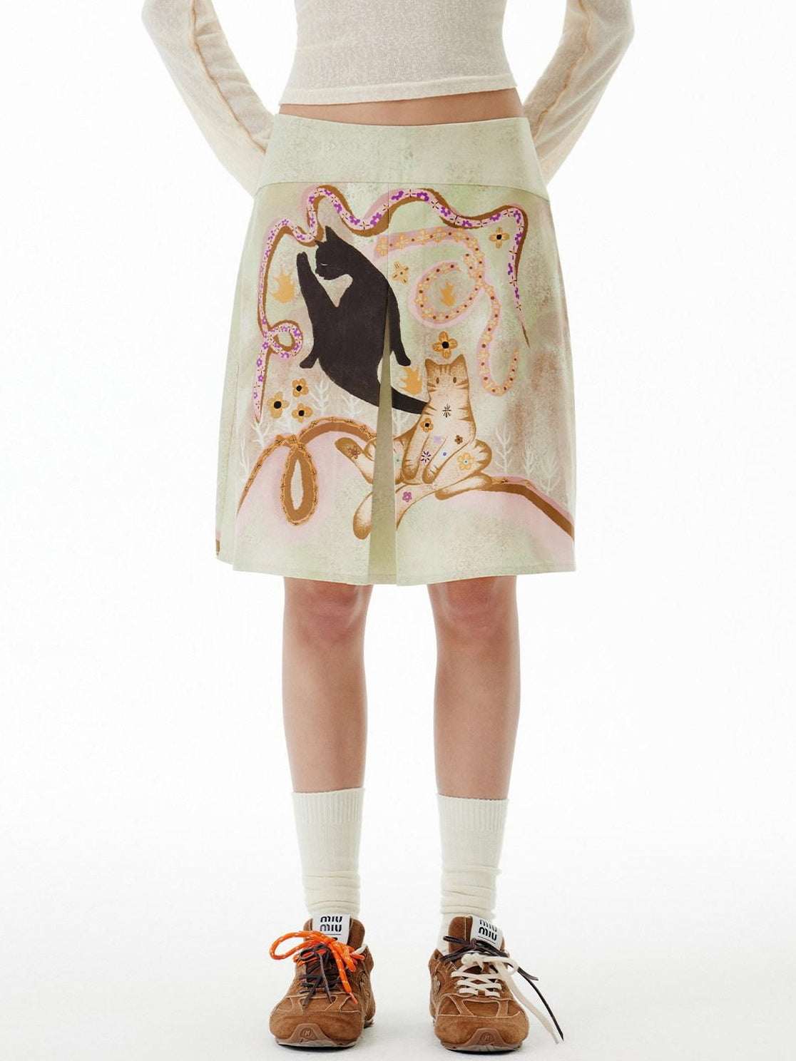 Outthe Blue High Waist Layered Pleat Utility A Line Casual Printed Yellow Green Mini Skirts