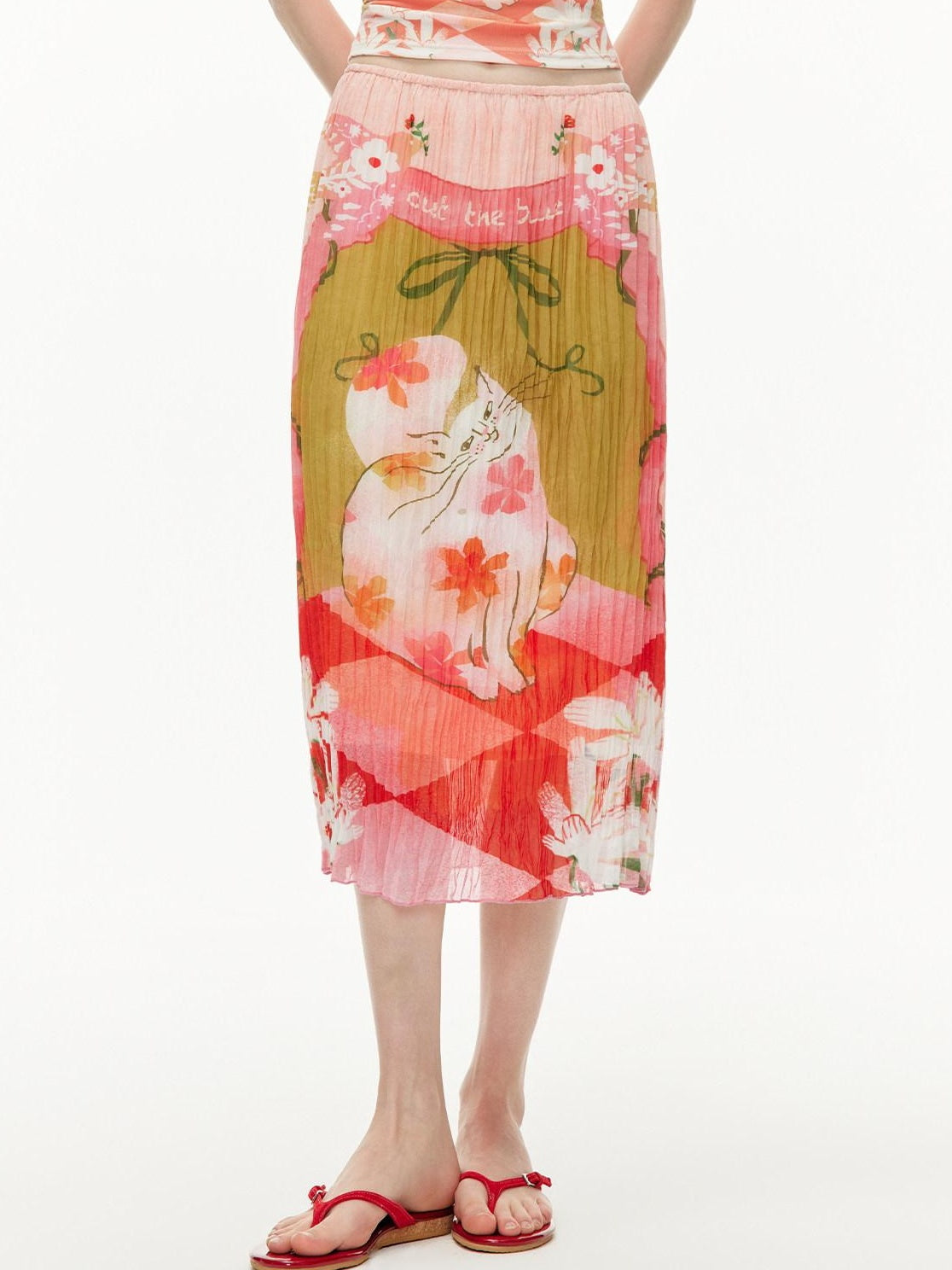 Outthe Blue High Waist Pleated Printed Loose Fit Women Cat Secret Garden Midi Skirts