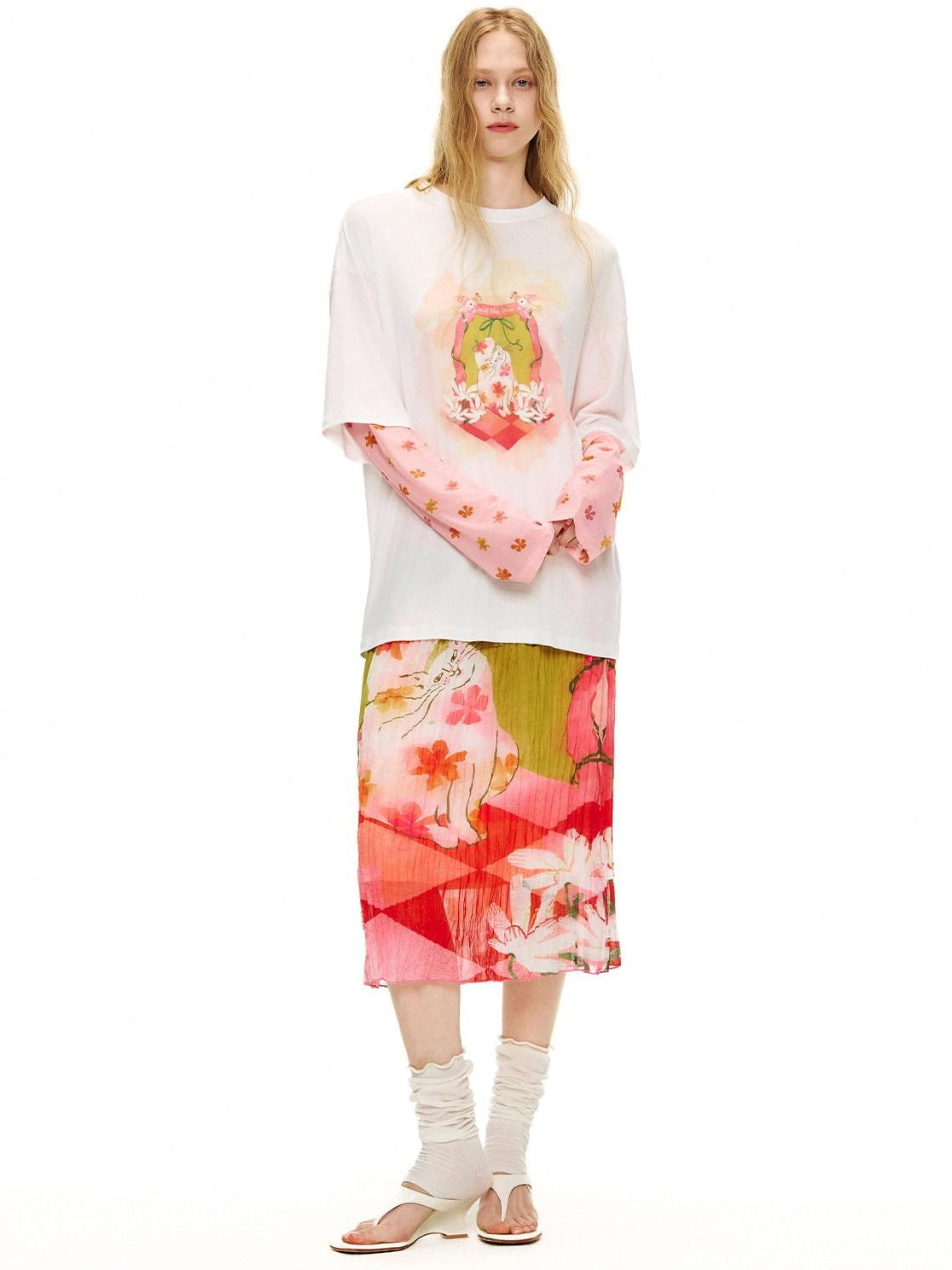 Outthe Blue High Waist Pleated Printed Loose Fit Women Cat Secret Garden Midi Skirts