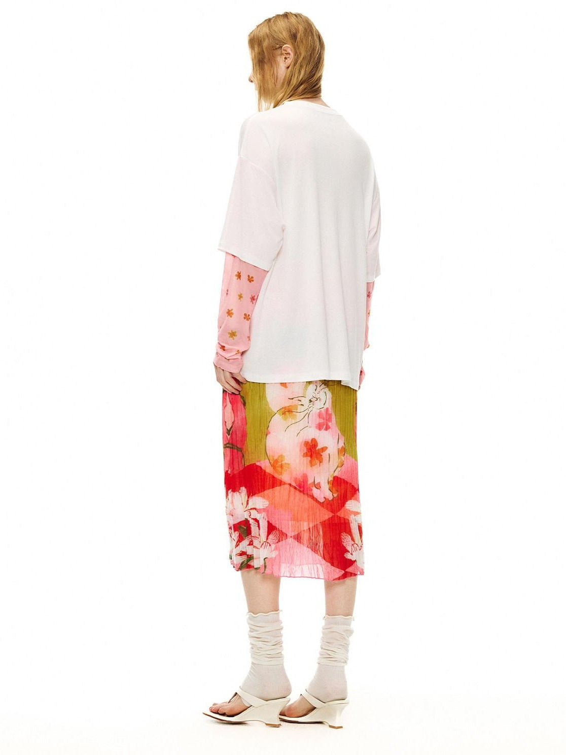 Outthe Blue High Waist Pleated Printed Loose Fit Women Cat Secret Garden Midi Skirts