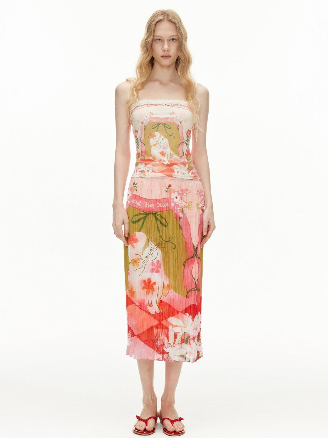 Outthe Blue High Waist Pleated Printed Loose Fit Women Cat Secret Garden Midi Skirts