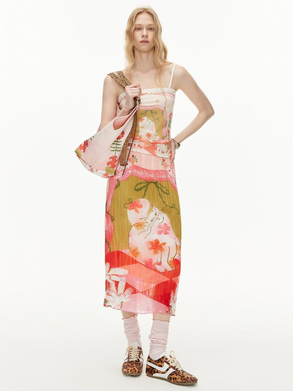 Outthe Blue High Waist Pleated Printed Loose Fit Women Cat Secret Garden Midi Skirts
