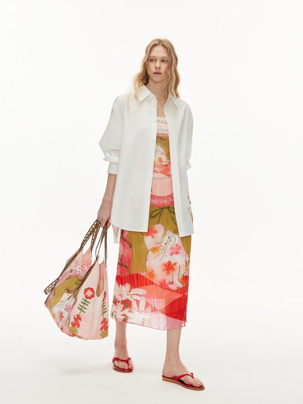 Outthe Blue High Waist Pleated Printed Loose Fit Women Cat Secret Garden Midi Skirts