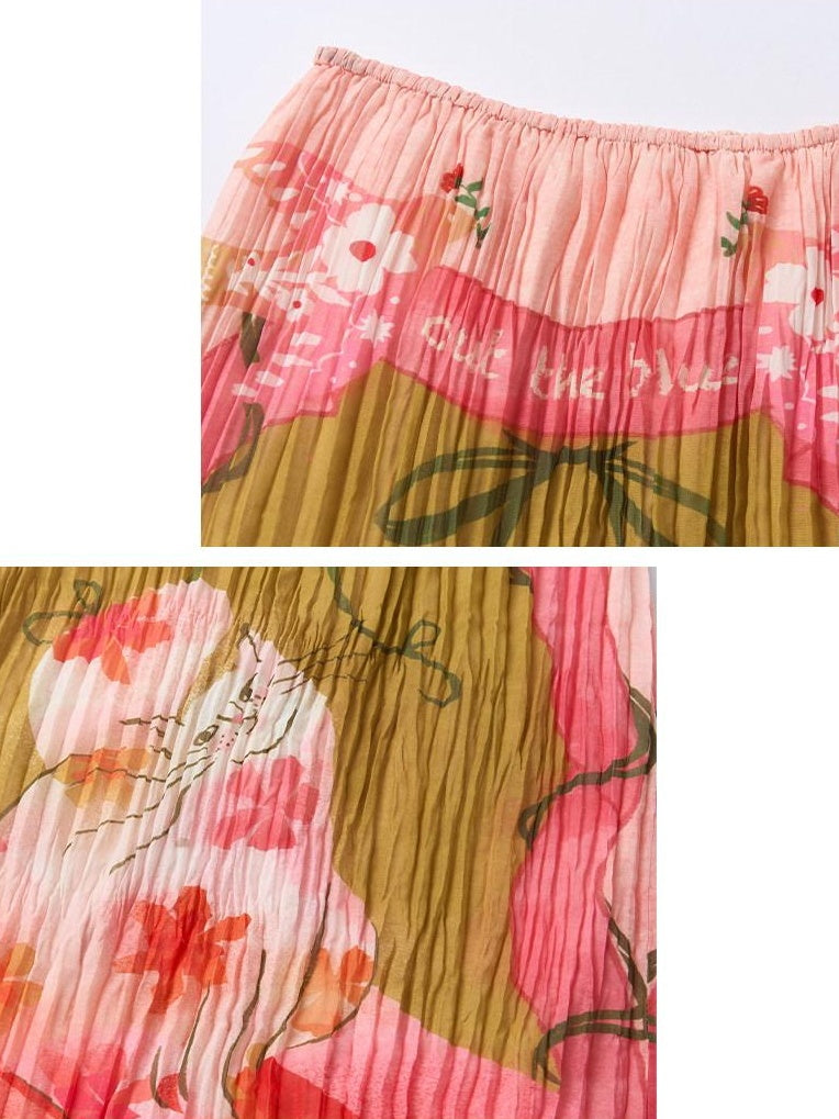 Outthe Blue High Waist Pleated Printed Loose Fit Women Cat Secret Garden Midi Skirts