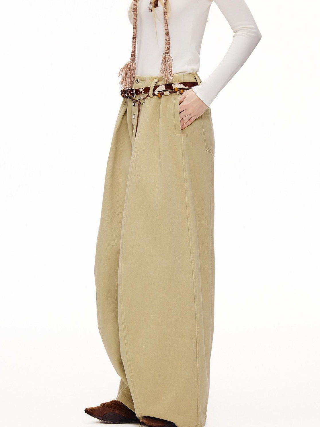 Outthe Blue High Waist Washed Cotton Comfort Casual Solid Khaki Coffee Women Wide Leg Pants