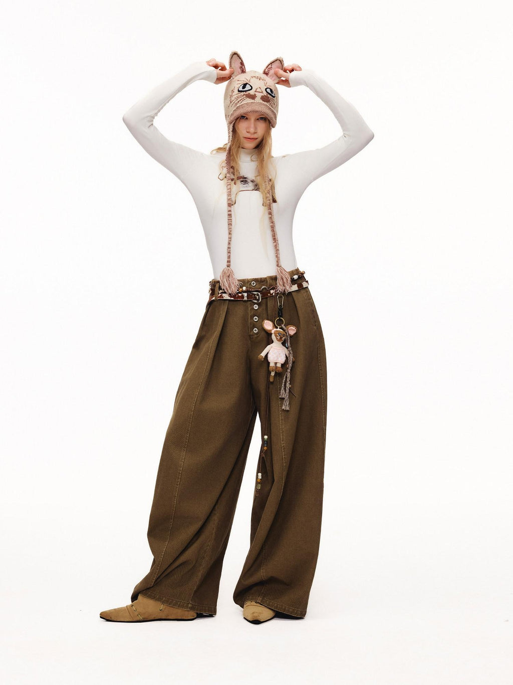 Outthe Blue High Waist Washed Cotton Comfort Casual Solid Khaki Coffee Women Wide Leg Pants