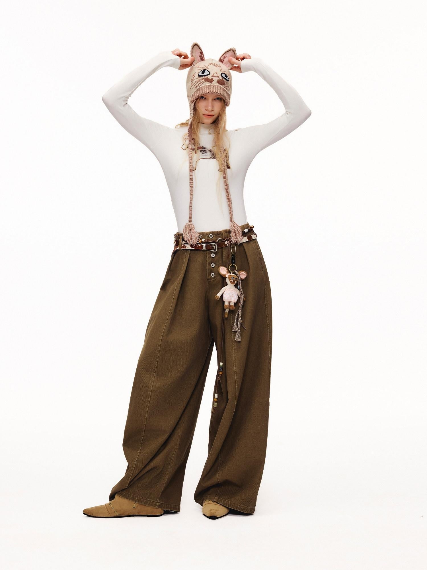 Outthe Blue High Waist Washed Cotton Comfort Casual Solid Khaki Coffee Women Wide Leg Pants