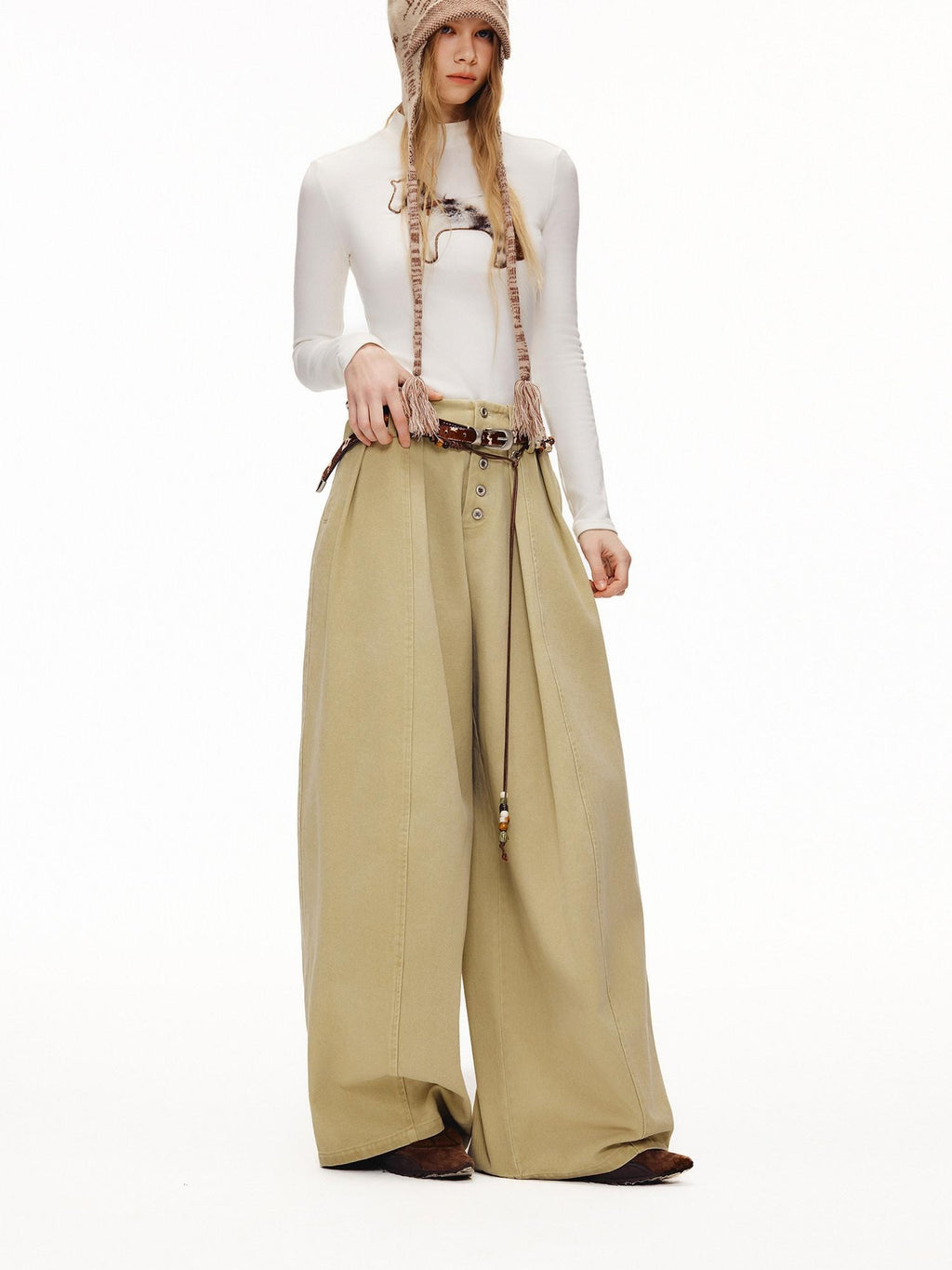 Outthe Blue High Waist Washed Cotton Comfort Casual Solid Khaki Coffee Women Wide Leg Pants