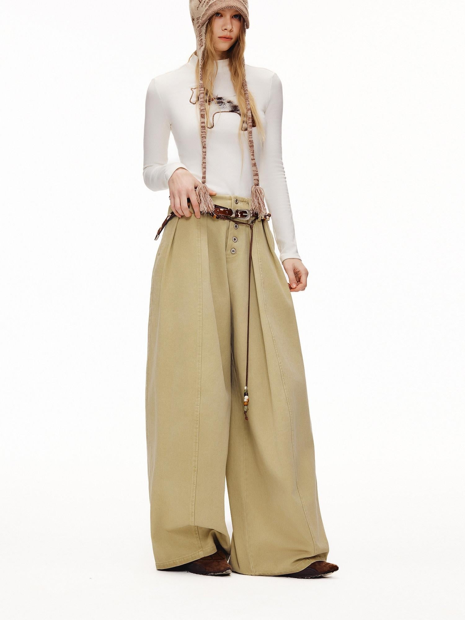 Outthe Blue High Waist Washed Cotton Comfort Casual Solid Khaki Coffee Women Wide Leg Pants