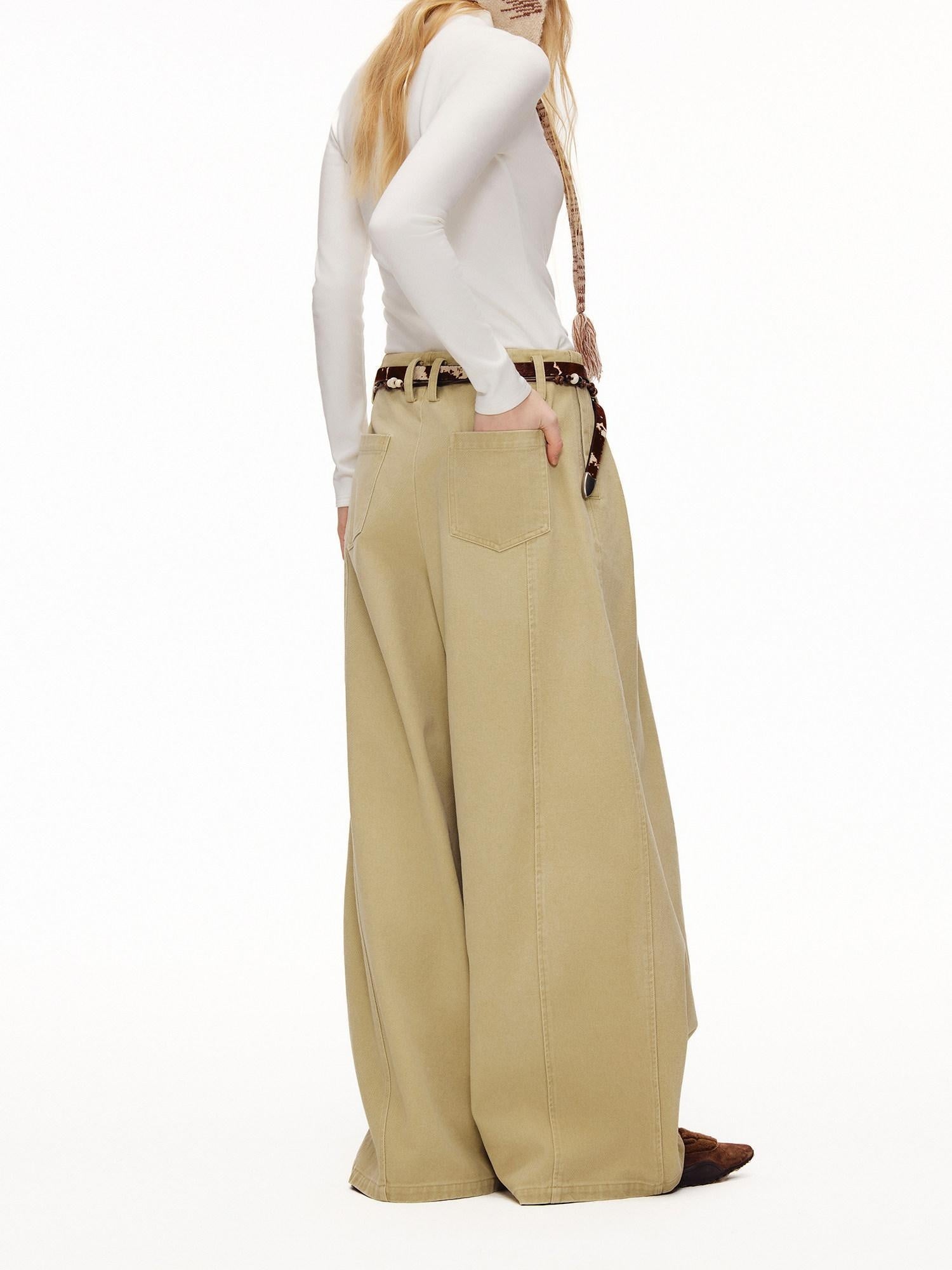 Outthe Blue High Waist Washed Cotton Comfort Casual Solid Khaki Coffee Women Wide Leg Pants