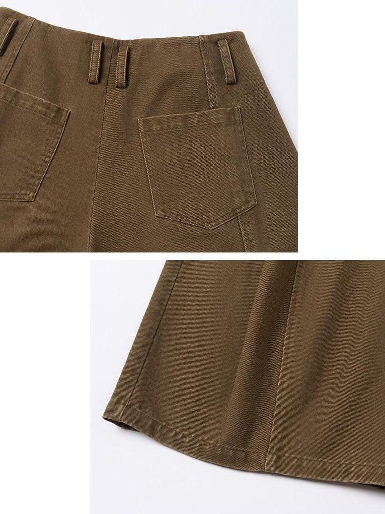 Outthe Blue High Waist Washed Cotton Comfort Casual Solid Khaki Coffee Women Wide Leg Pants