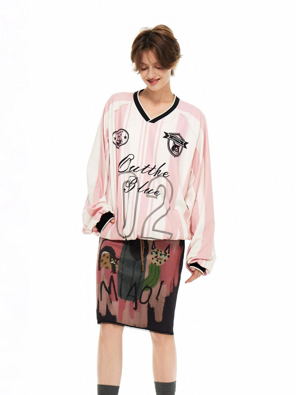 Outthe Blue Lace V-neck Relaxed Mid Length Animal Print Poly Stretch Long Sleeve T-Shirts