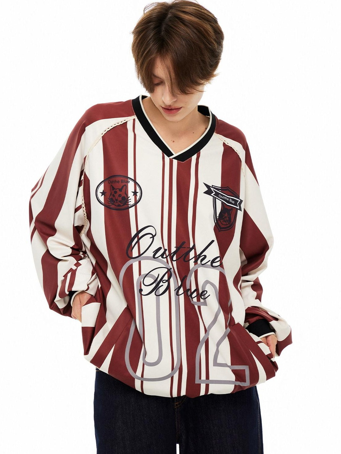 Outthe Blue Lace V-neck Relaxed Mid Length Animal Print Poly Stretch Long Sleeve T-Shirts