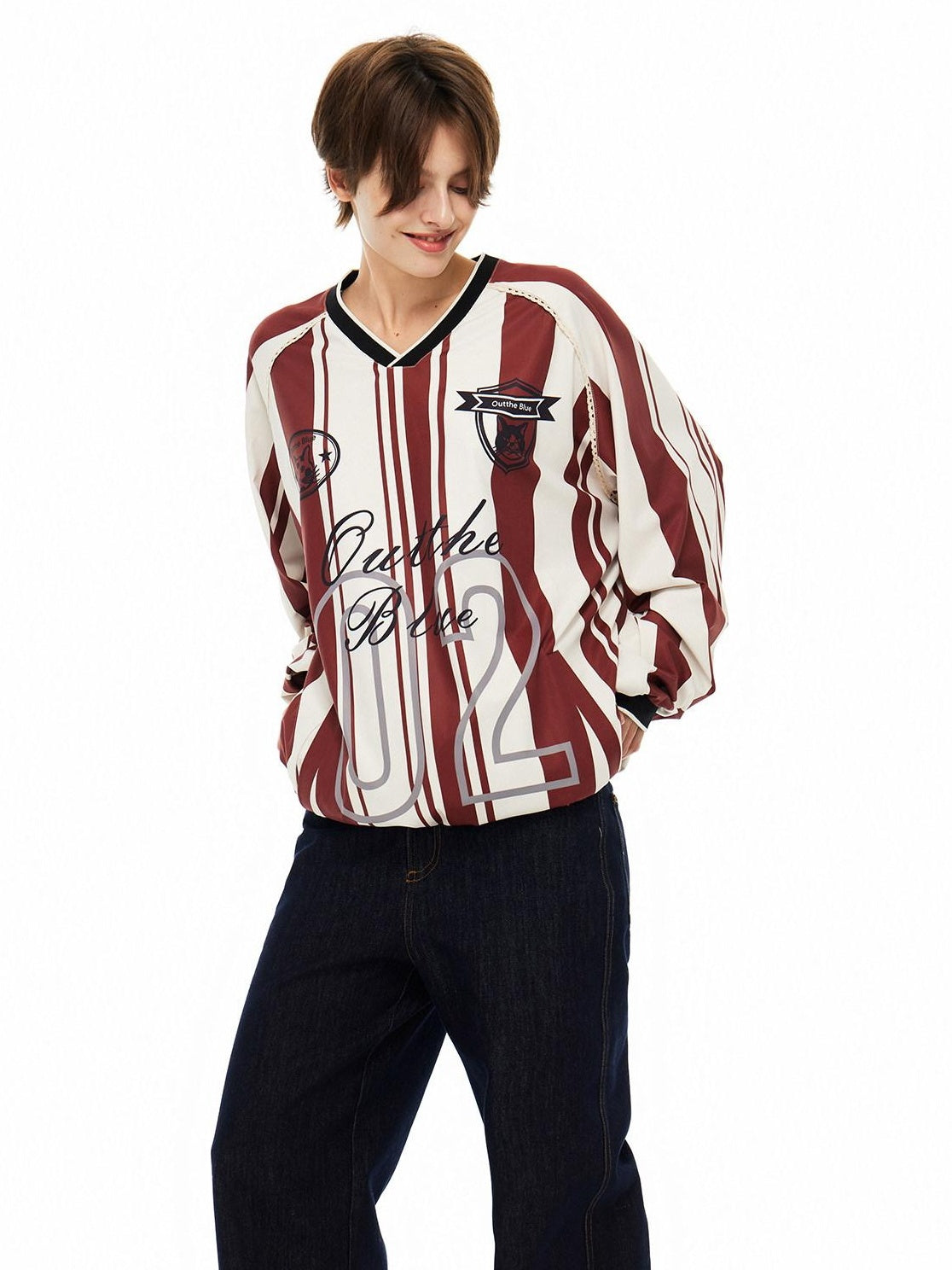 Outthe Blue Lace V-neck Relaxed Mid Length Animal Print Poly Stretch Long Sleeve T-Shirts