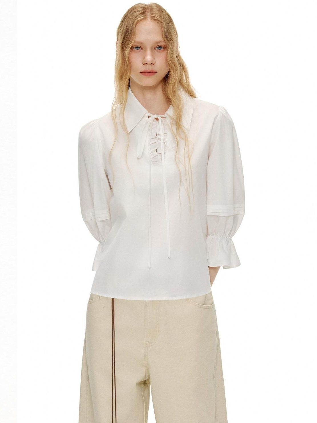 Outthe Blue Lightweight Cotton Lyocell High Waist Tie Casual Puff Sleeves Women Blouses