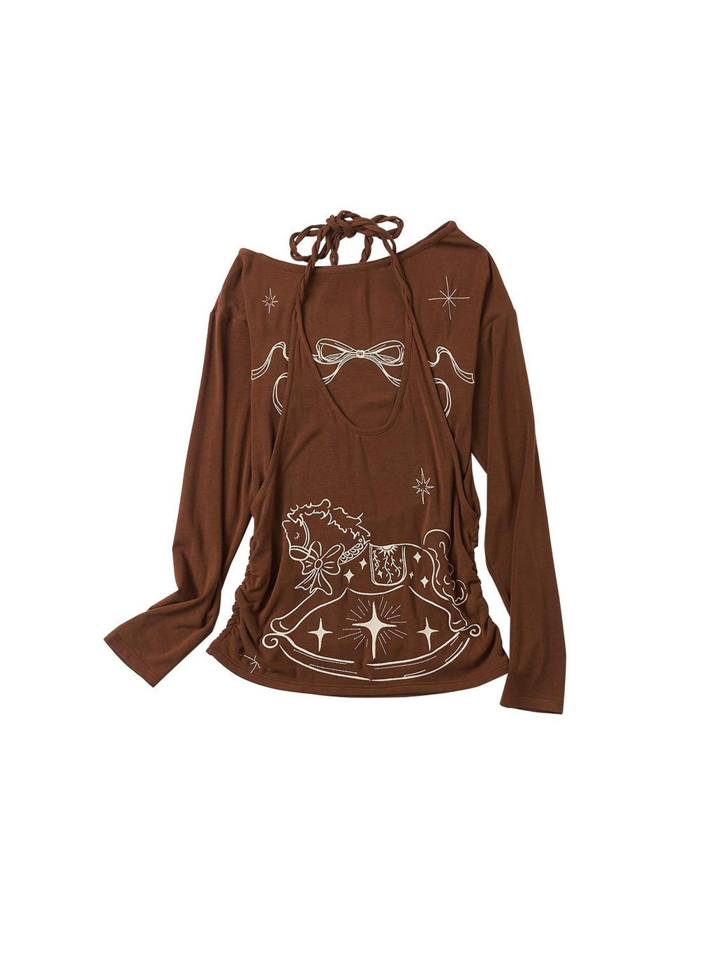 Outthe Blue Lyocell Blend V-neck Relaxed Fit Casual Women Caramel Brown Long Sleeve T-Shirts