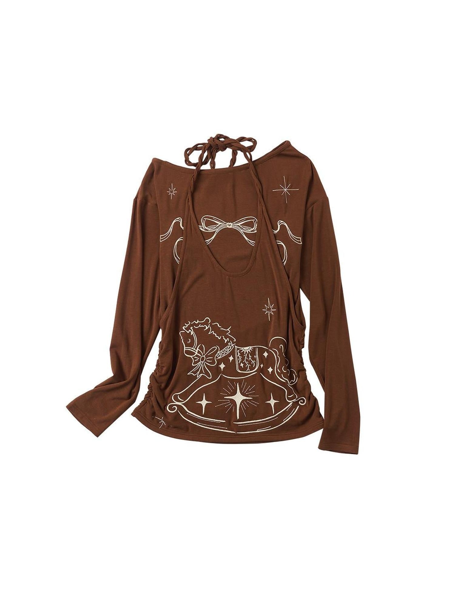Outthe Blue Lyocell Blend V-neck Relaxed Fit Casual Women Caramel Brown Long Sleeve T-Shirts