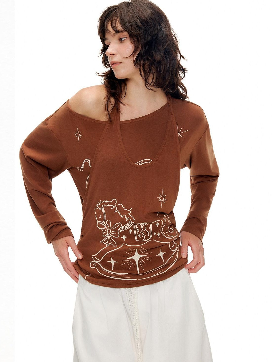 Outthe Blue Lyocell Blend V-neck Relaxed Fit Casual Women Caramel Brown Long Sleeve T-Shirts