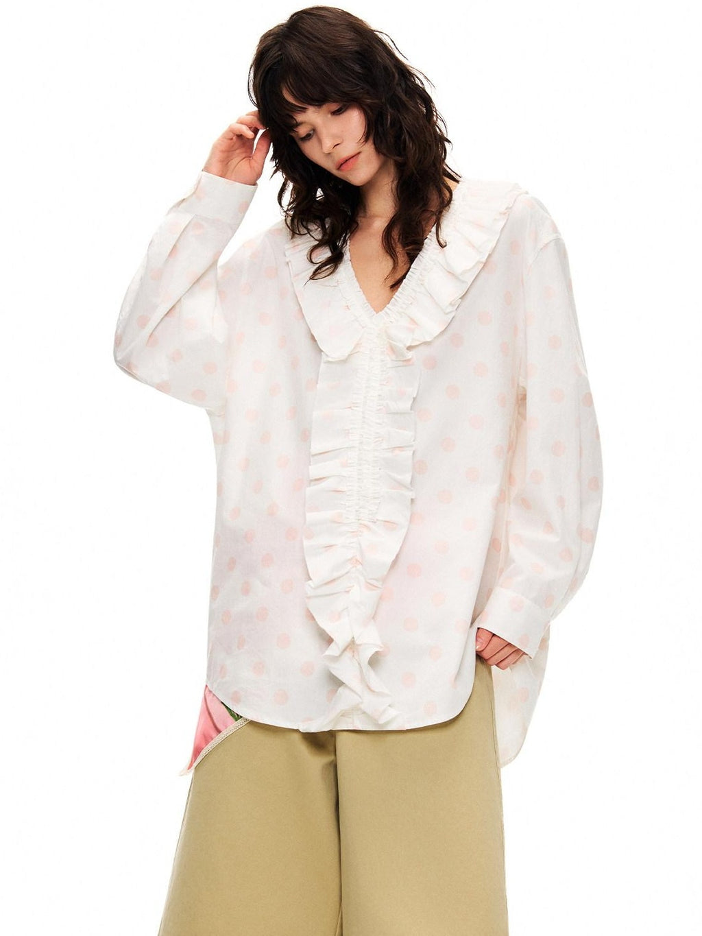 Outthe Blue Lyocell Cotton Blend Lace Ruffle Loose Puff Sleeve Polka Dot Women Blouses