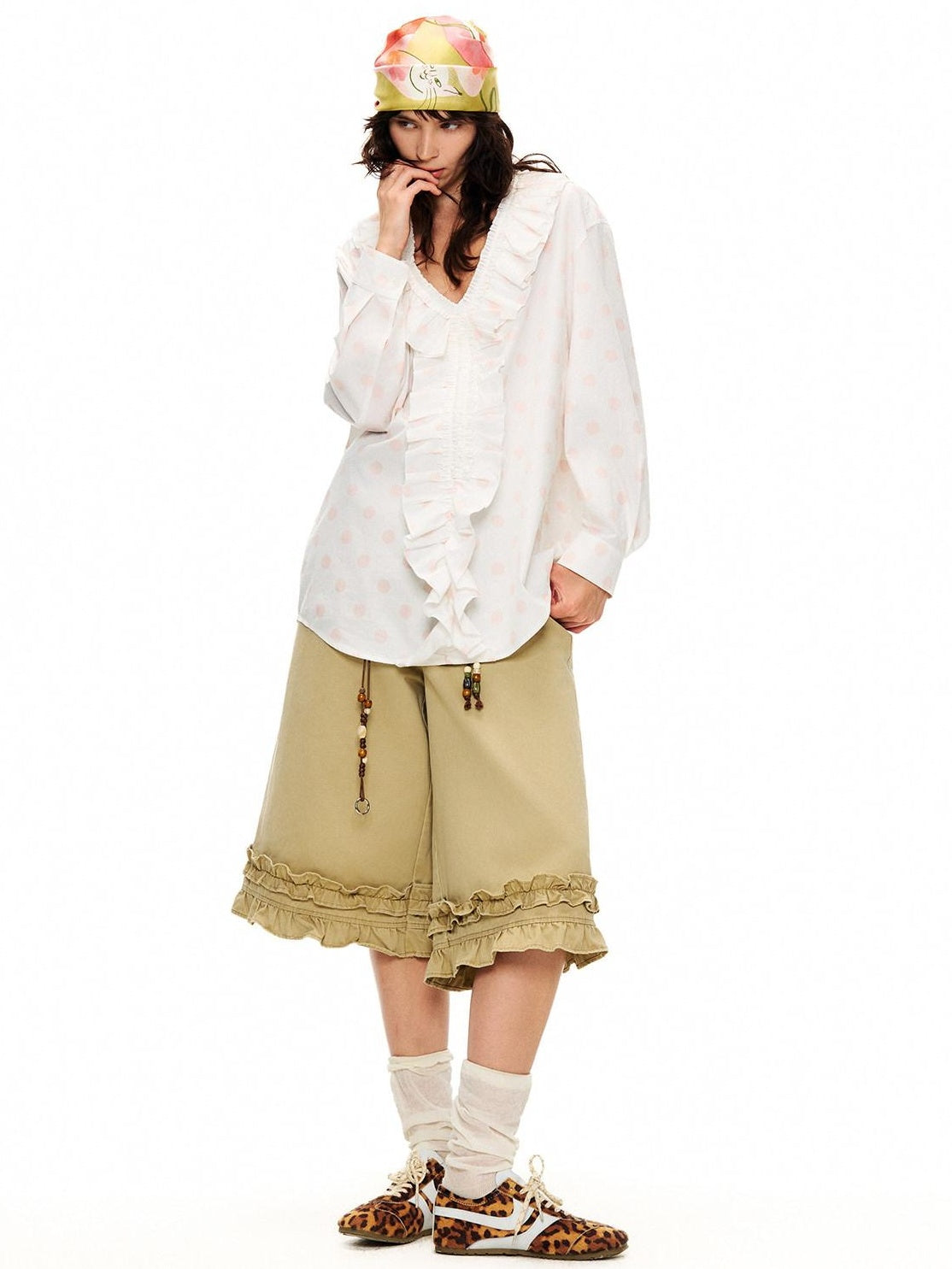 Outthe Blue Lyocell Cotton Blend Lace Ruffle Loose Puff Sleeve Polka Dot Women Blouses