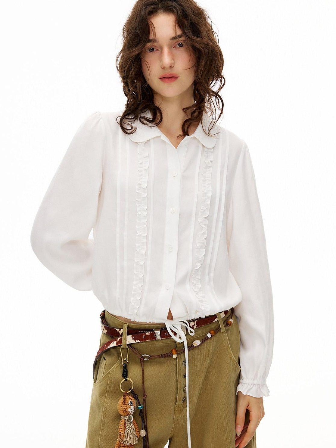 Outthe Blue Lyocell Linen Blend Relaxed Lace Tie Casual Women White Long Sleeve Blouses