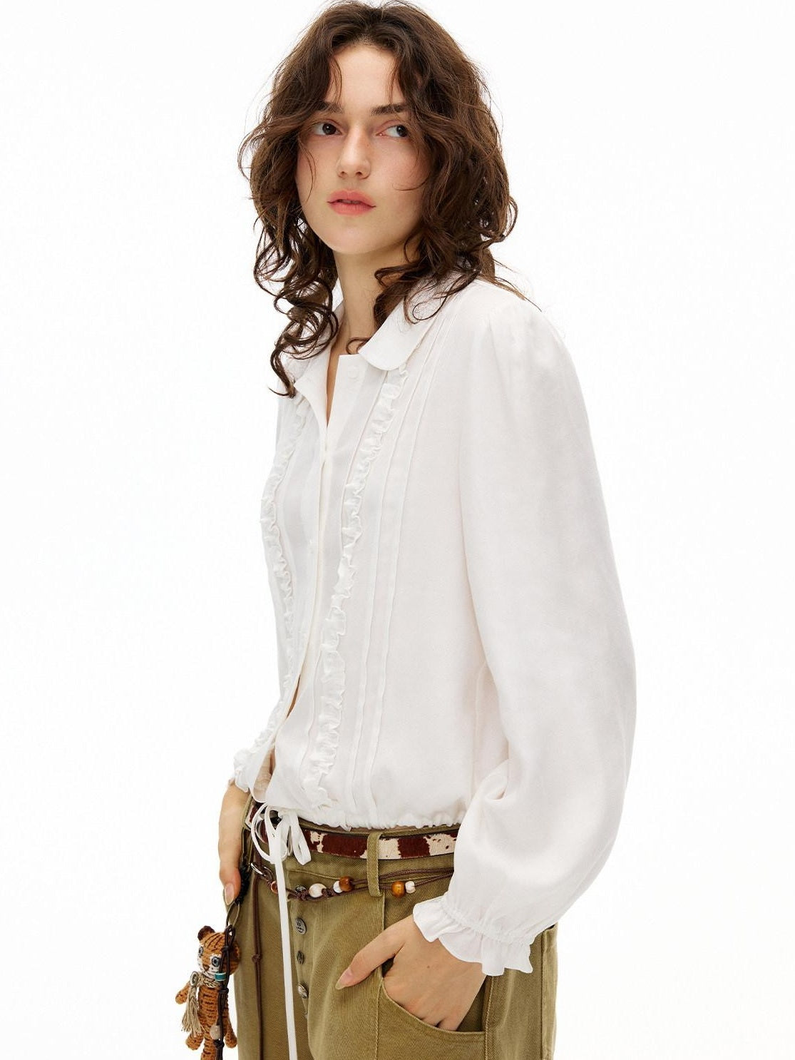 Outthe Blue Lyocell Linen Blend Relaxed Lace Tie Casual Women White Long Sleeve Blouses