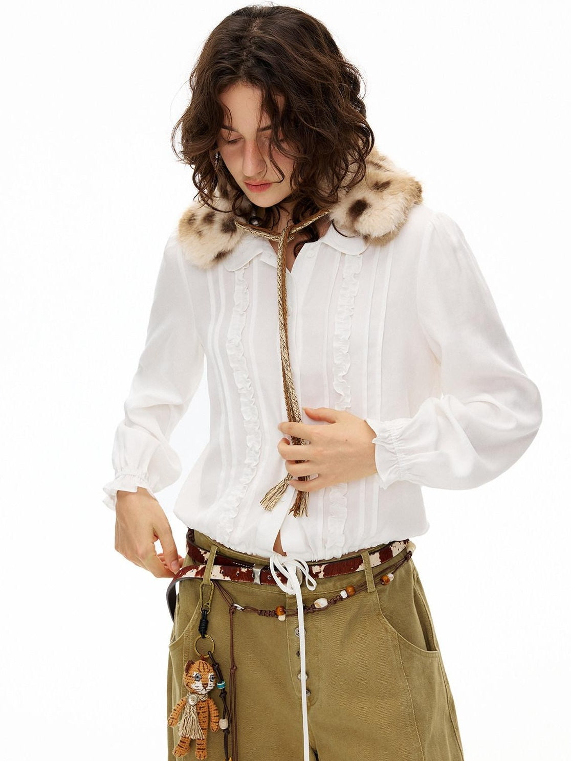 Outthe Blue Lyocell Linen Blend Relaxed Lace Tie Casual Women White Long Sleeve Blouses