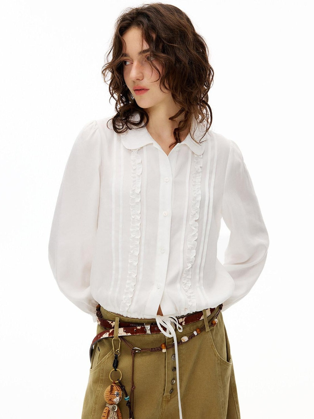 Outthe Blue Lyocell Linen Blend Relaxed Lace Tie Casual Women White Long Sleeve Blouses