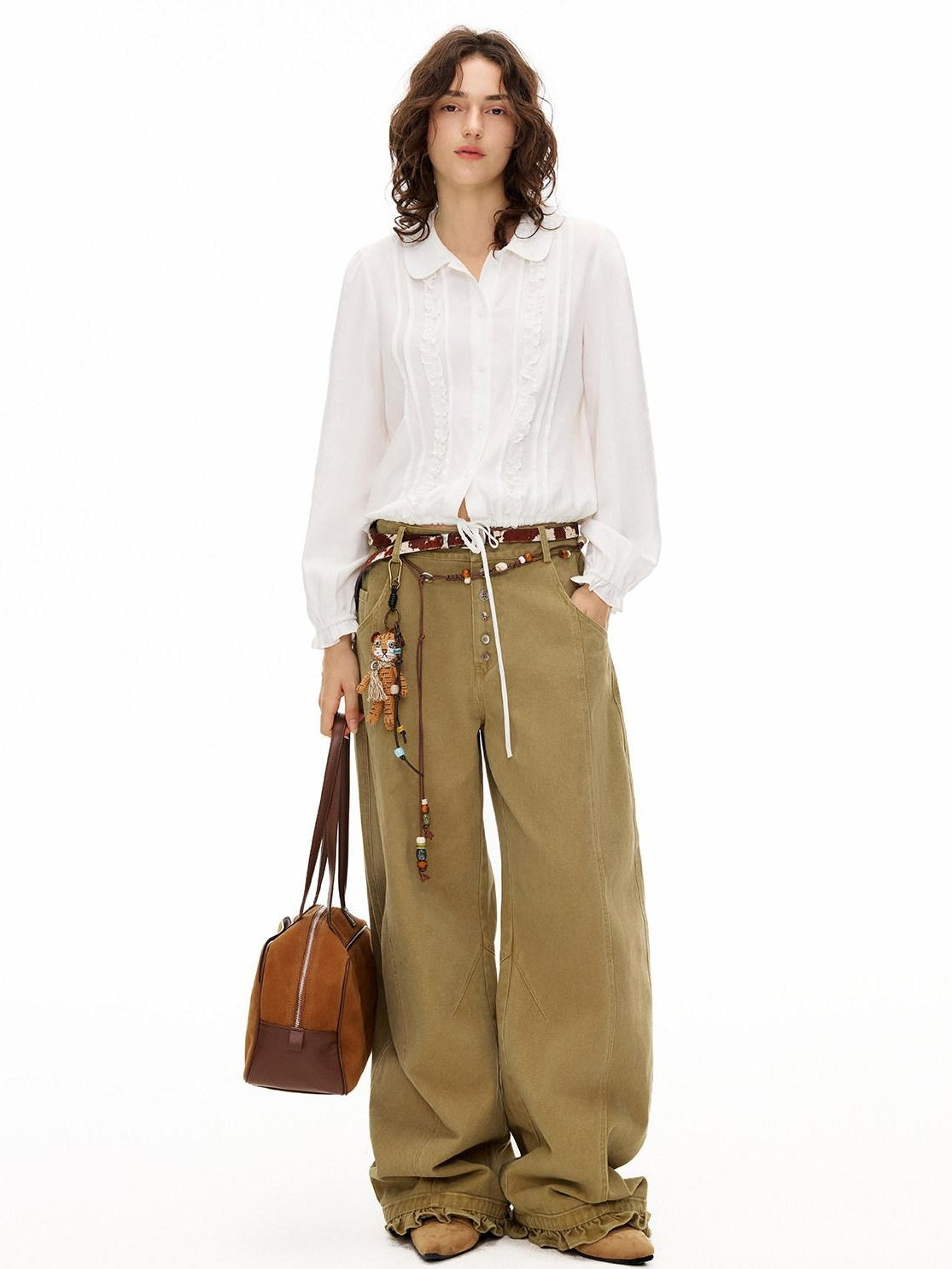 Outthe Blue Lyocell Linen Blend Relaxed Lace Tie Casual Women White Long Sleeve Blouses
