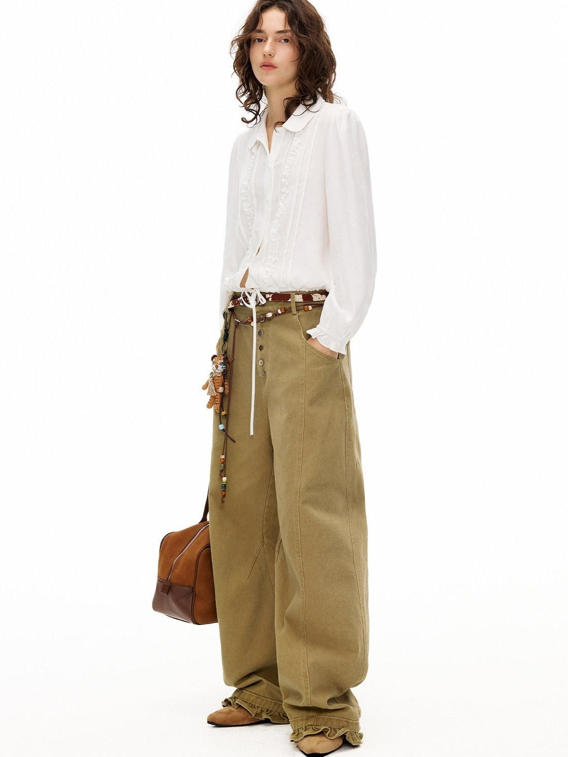 Outthe Blue Lyocell Linen Blend Relaxed Lace Tie Casual Women White Long Sleeve Blouses