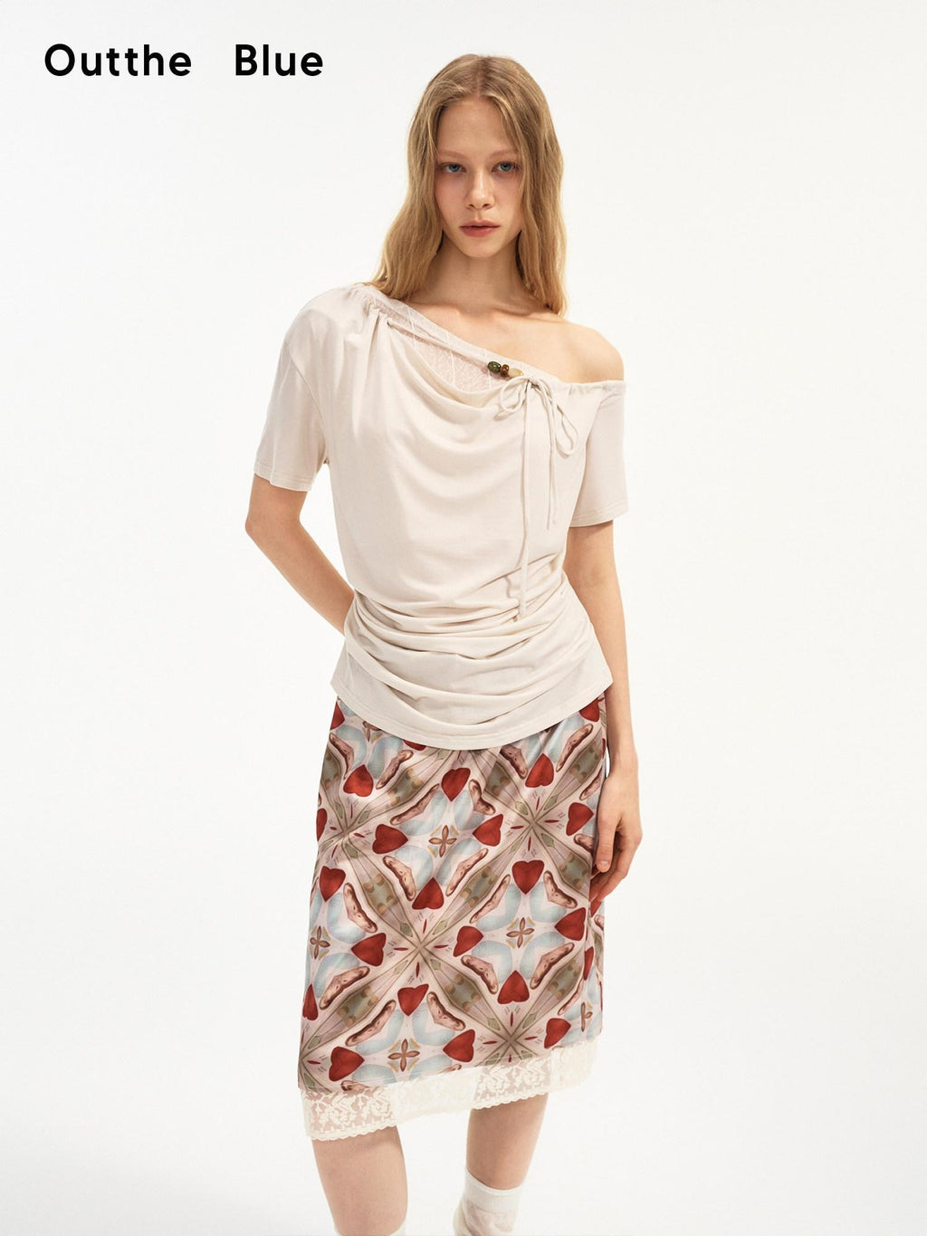 Outthe Blue Lyocell Stretch Drawstring Slim Office Milk Tea Off Shoulder Crop Tops