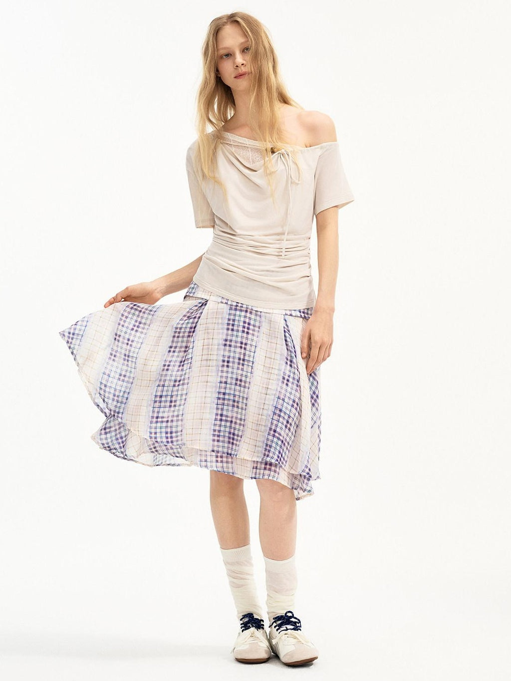 Outthe Blue Lyocell Stretch Drawstring Slim Office Milk Tea Off Shoulder Crop Tops