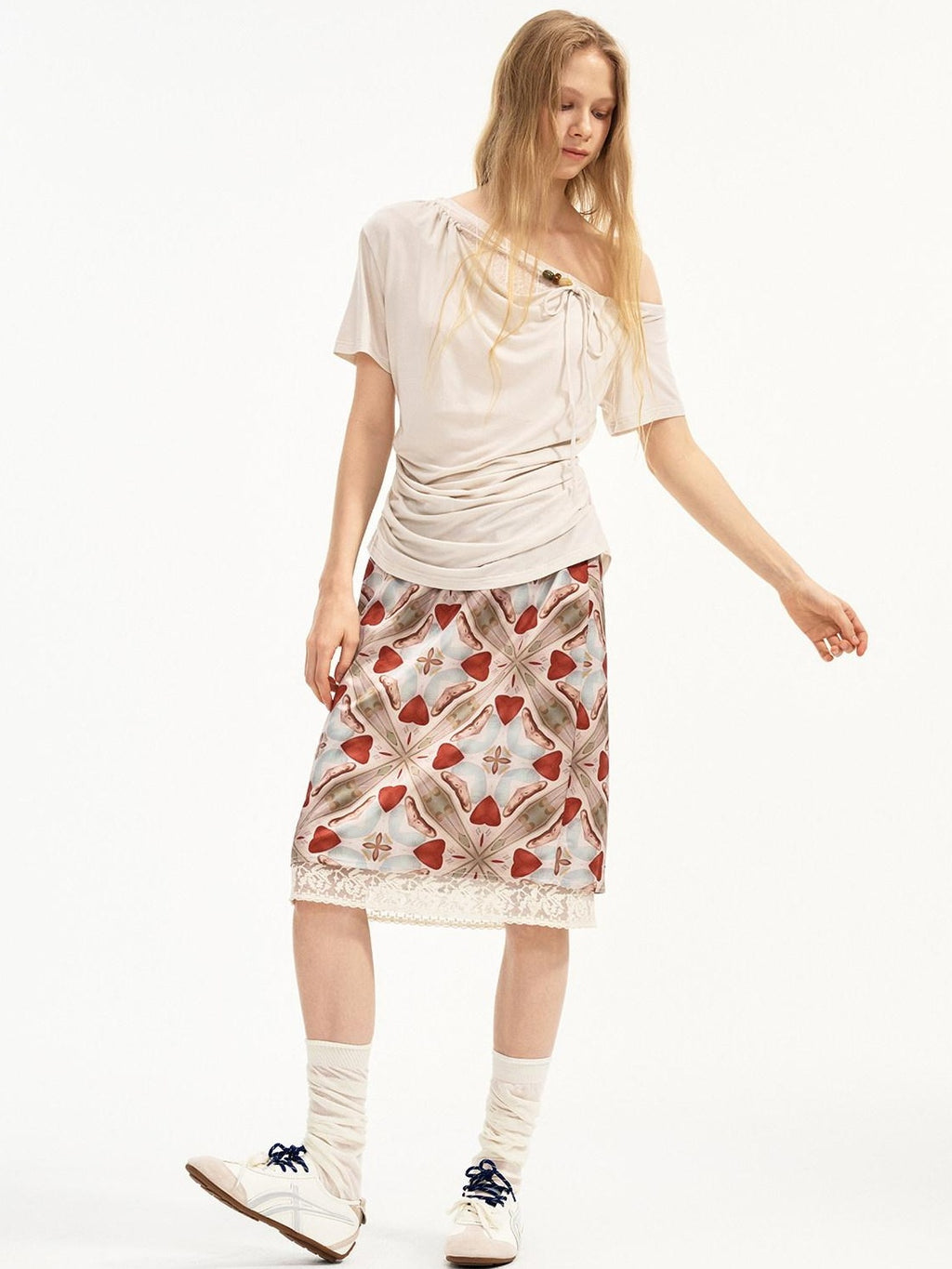 Outthe Blue Lyocell Stretch Drawstring Slim Office Milk Tea Off Shoulder Crop Tops