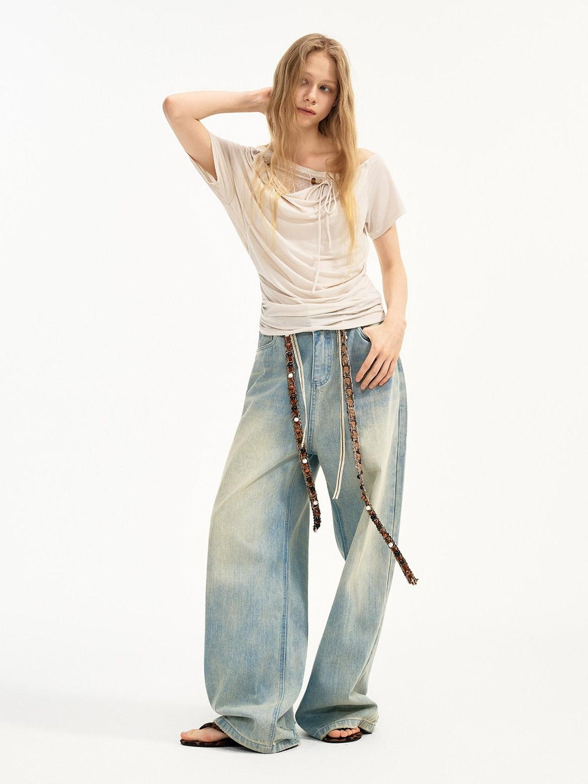 Outthe Blue Lyocell Stretch Drawstring Slim Office Milk Tea Off Shoulder Crop Tops