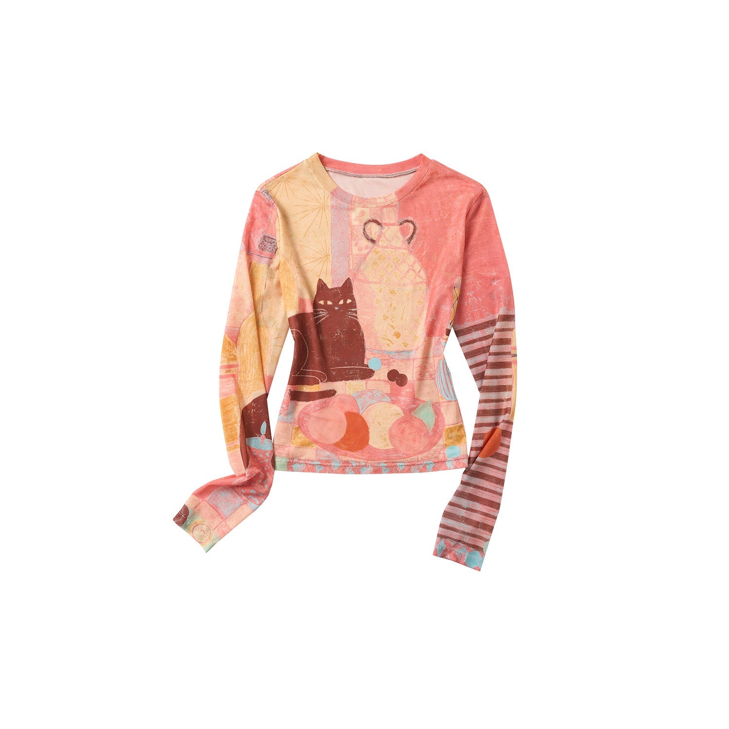 Outthe_Blue_Mesh_Fruit_Print_Cropped_Slim_Casual_Round_Neck_Women_Long_Sleeve_T-Shirts_MISSTT