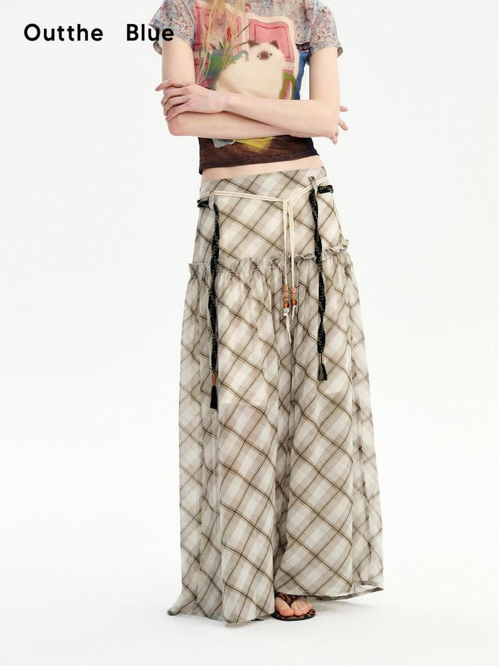 Outthe Blue Mid Rise A Line Loose Fit Plaid Print Belted Youth Polyester Maxi Skirts