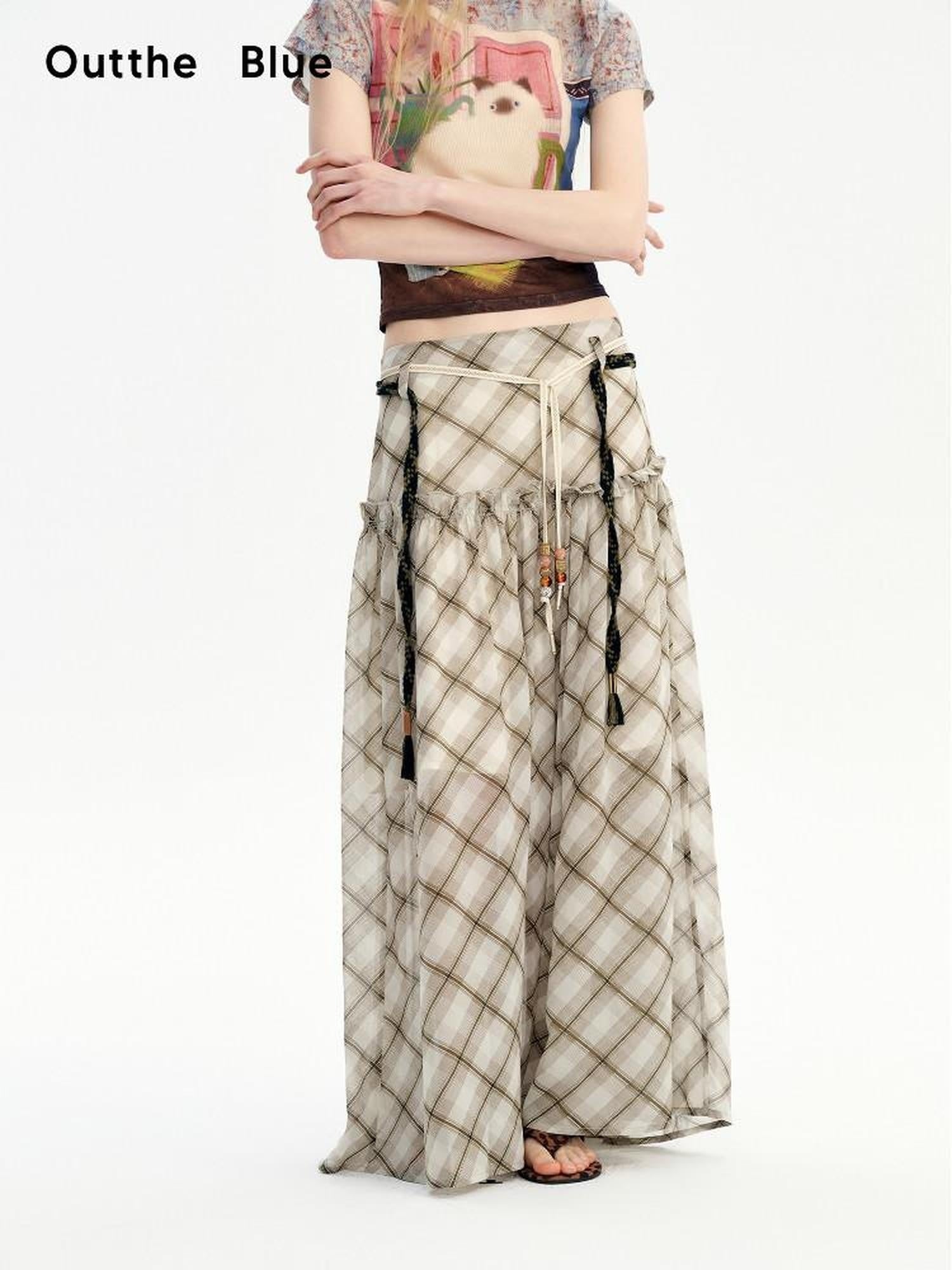 Outthe Blue Mid Rise A Line Loose Fit Plaid Print Belted Youth Polyester Maxi Skirts